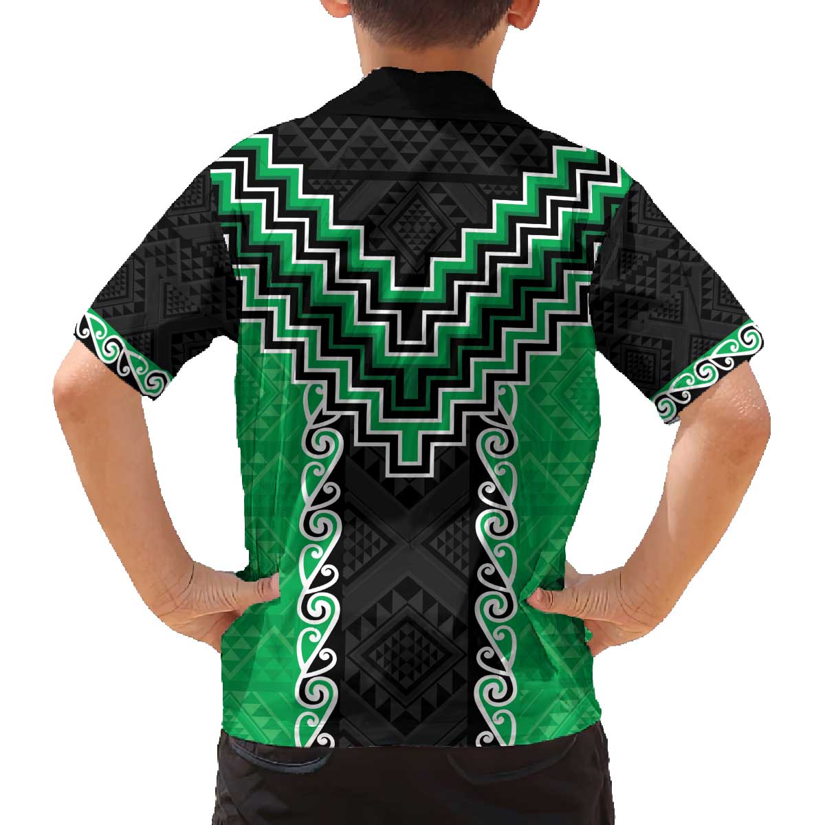 Green Niho Taniwha Mix Poutama Family Matching Off The Shoulder Long Sleeve Dress and Hawaiian Shirt Unique Taniko Aotearoa LT01 - Polynesian Pride