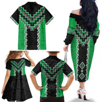 Green Niho Taniwha Mix Poutama Family Matching Off The Shoulder Long Sleeve Dress and Hawaiian Shirt Unique Taniko Aotearoa LT01 - Polynesian Pride