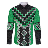Green Niho Taniwha Mix Poutama Family Matching Off The Shoulder Long Sleeve Dress and Hawaiian Shirt Unique Taniko Aotearoa LT01 Dad's Shirt - Long Sleeve Green - Polynesian Pride