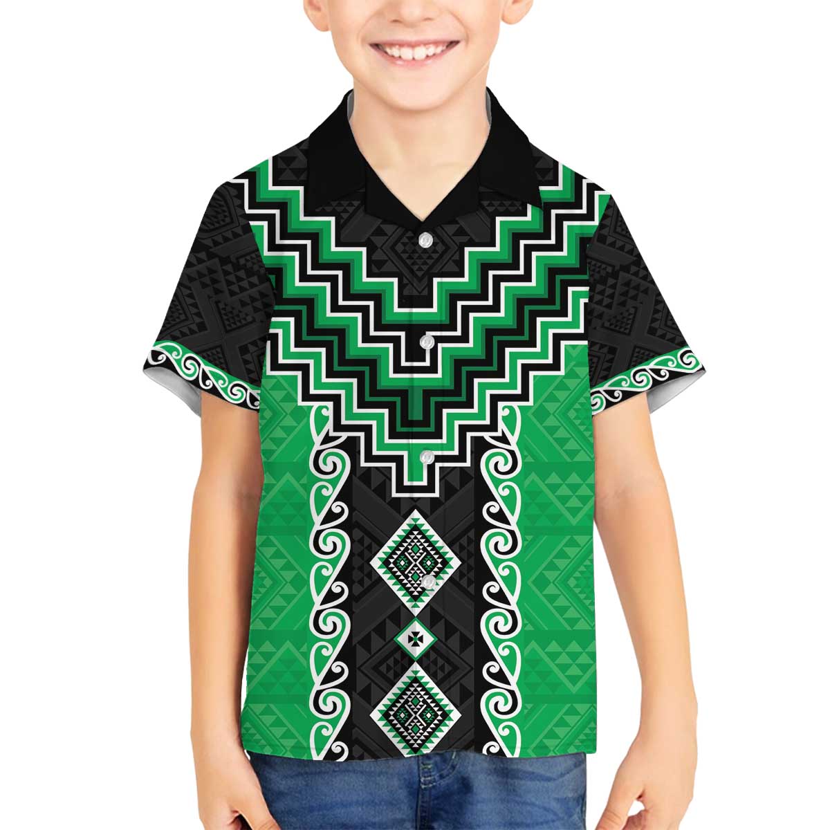 Green Niho Taniwha Mix Poutama Family Matching Off The Shoulder Long Sleeve Dress and Hawaiian Shirt Unique Taniko Aotearoa LT01 Son's Shirt Green - Polynesian Pride