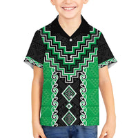 Green Niho Taniwha Mix Poutama Family Matching Off The Shoulder Long Sleeve Dress and Hawaiian Shirt Unique Taniko Aotearoa LT01 Son's Shirt Green - Polynesian Pride