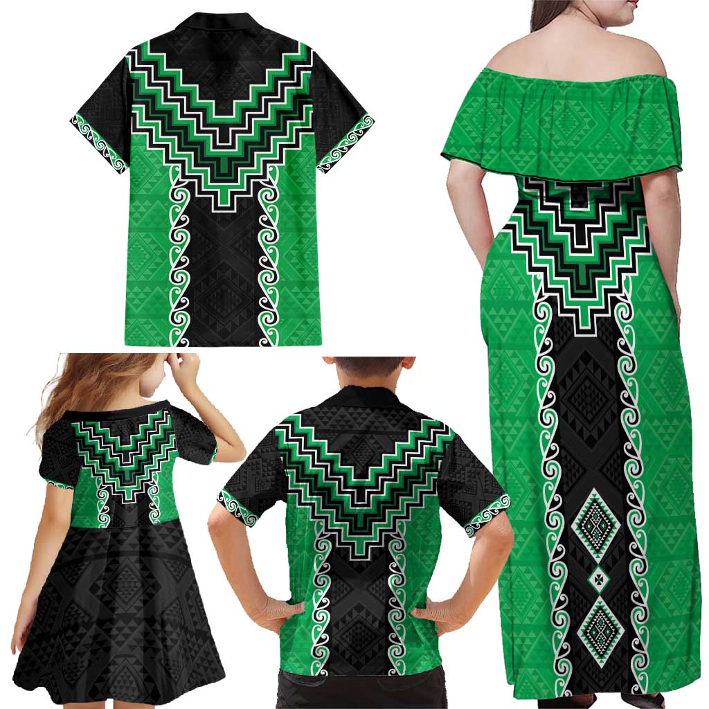 Green Niho Taniwha Mix Poutama Family Matching Off Shoulder Maxi Dress and Hawaiian Shirt Unique Taniko Aotearoa LT01 - Polynesian Pride