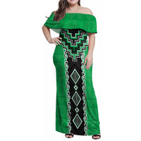 Green Niho Taniwha Mix Poutama Family Matching Off Shoulder Maxi Dress and Hawaiian Shirt Unique Taniko Aotearoa LT01 Mom's Dress Green - Polynesian Pride