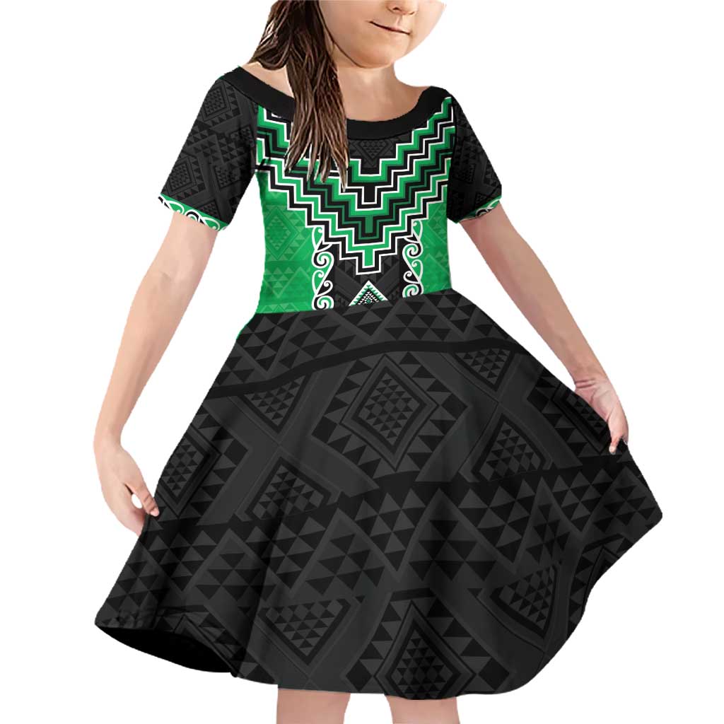 Green Niho Taniwha Mix Poutama Family Matching Off Shoulder Short Dress and Hawaiian Shirt Unique Taniko Aotearoa LT01 Daughter's Dress Green - Polynesian Pride