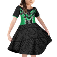Green Niho Taniwha Mix Poutama Family Matching Off Shoulder Short Dress and Hawaiian Shirt Unique Taniko Aotearoa LT01 Daughter's Dress Green - Polynesian Pride