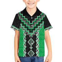 Green Niho Taniwha Mix Poutama Family Matching Off Shoulder Short Dress and Hawaiian Shirt Unique Taniko Aotearoa LT01 Son's Shirt Green - Polynesian Pride