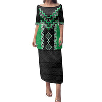 Green Niho Taniwha Mix Poutama Family Matching Puletasi and Hawaiian Shirt Unique Taniko Aotearoa LT01 Mom's Dress Green - Polynesian Pride