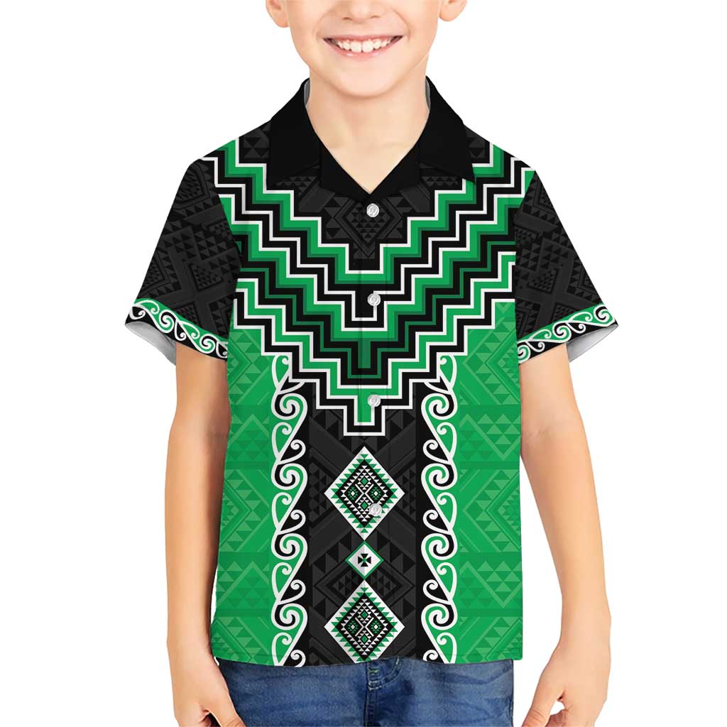 Green Niho Taniwha Mix Poutama Family Matching Short Sleeve Bodycon Dress and Hawaiian Shirt Unique Taniko Aotearoa LT01 Son's Shirt Green - Polynesian Pride