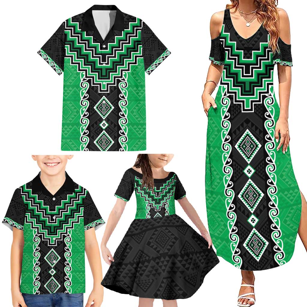 Green Niho Taniwha Mix Poutama Family Matching Summer Maxi Dress and Hawaiian Shirt Unique Taniko Aotearoa LT01 - Polynesian Pride