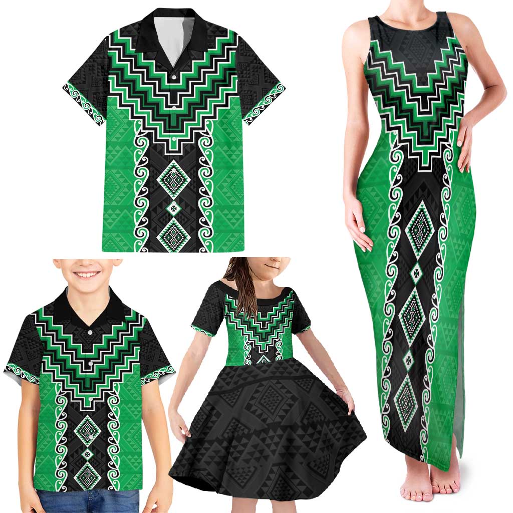 Green Niho Taniwha Mix Poutama Family Matching Tank Maxi Dress and Hawaiian Shirt Unique Taniko Aotearoa LT01 - Polynesian Pride