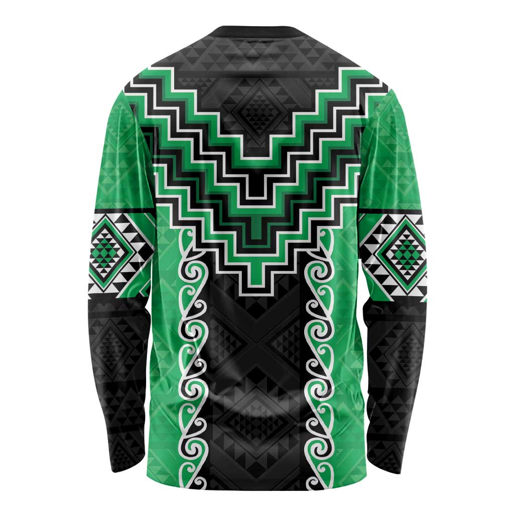 Green Niho Taniwha Mix Poutama Long Sleeve Shirt Unique Taniko Aotearoa