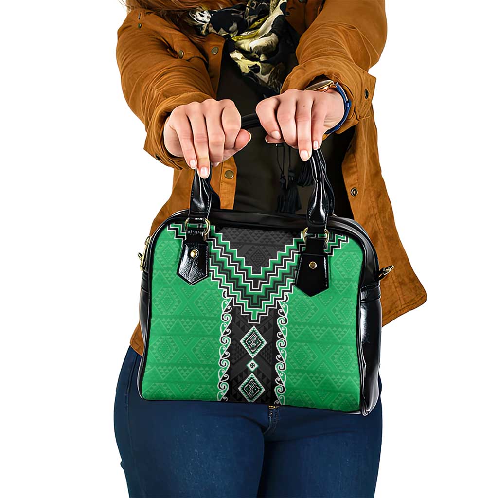 Green Niho Taniwha Mix Poutama Shoulder Handbag Unique Taniko Aotearoa LT01 One Size Green - Polynesian Pride