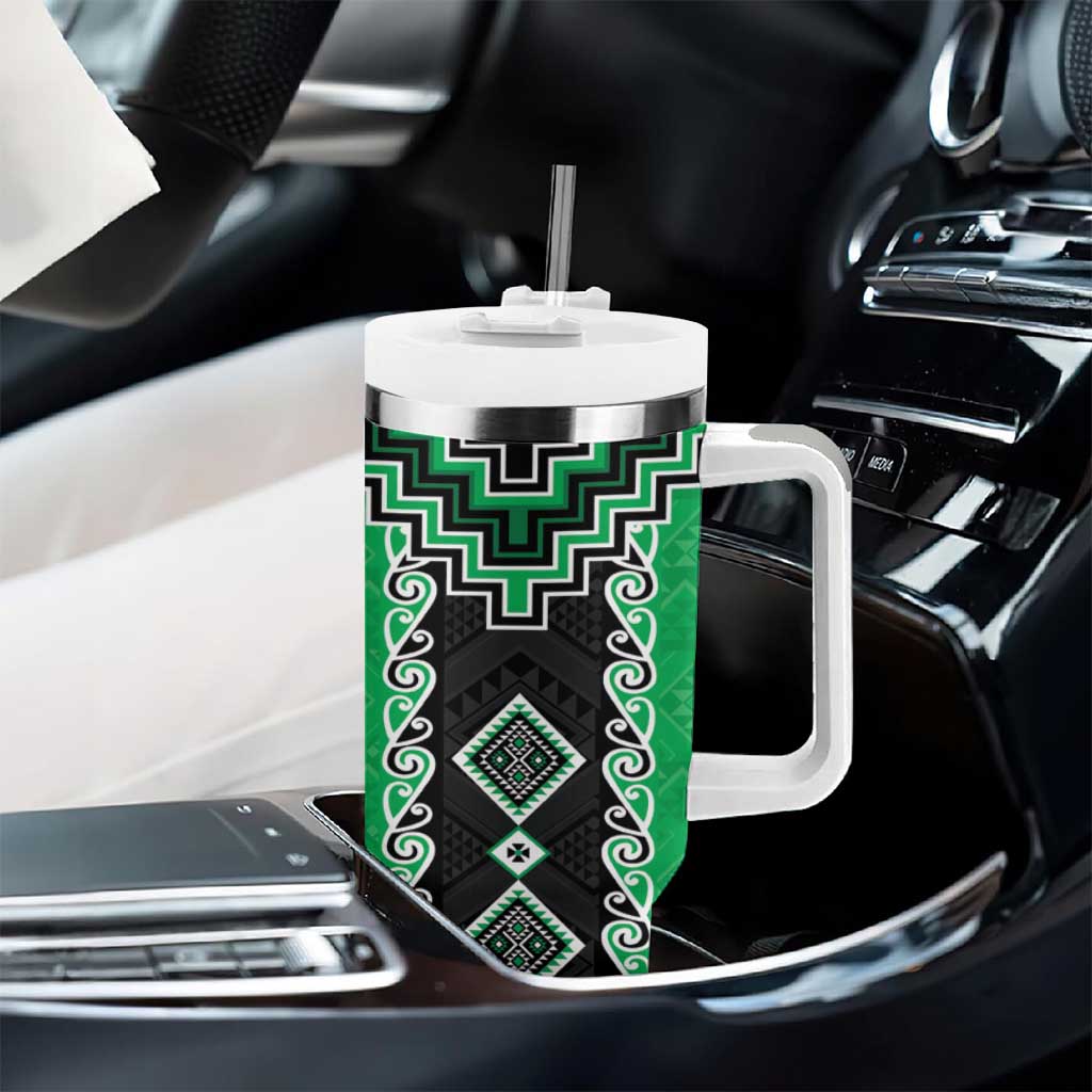 Green Niho Taniwha Mix Poutama Tumbler With Handle Unique Taniko Aotearoa