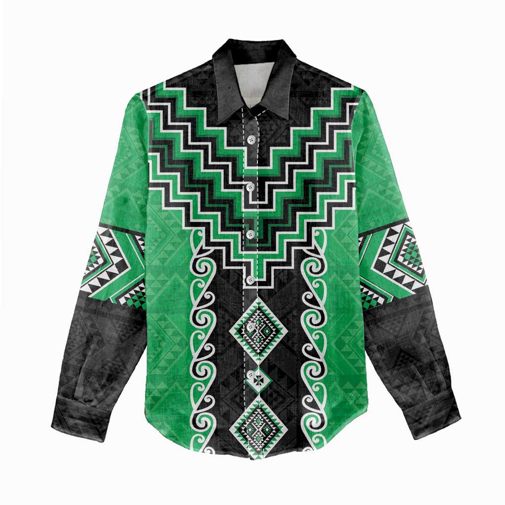 Green Niho Taniwha Mix Poutama Women Casual Shirt Unique Taniko Aotearoa