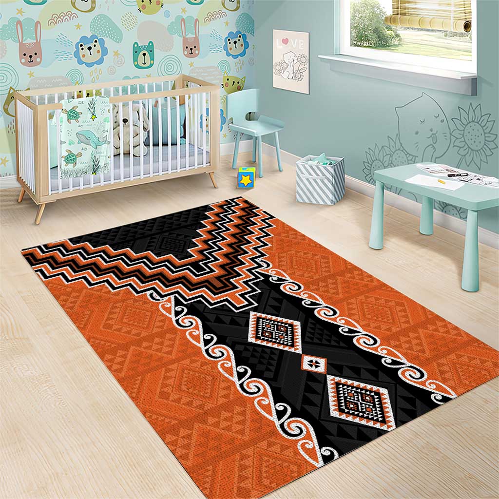 Orange Niho Taniwha Mix Poutama Area Rug Unique Taniko Aotearoa