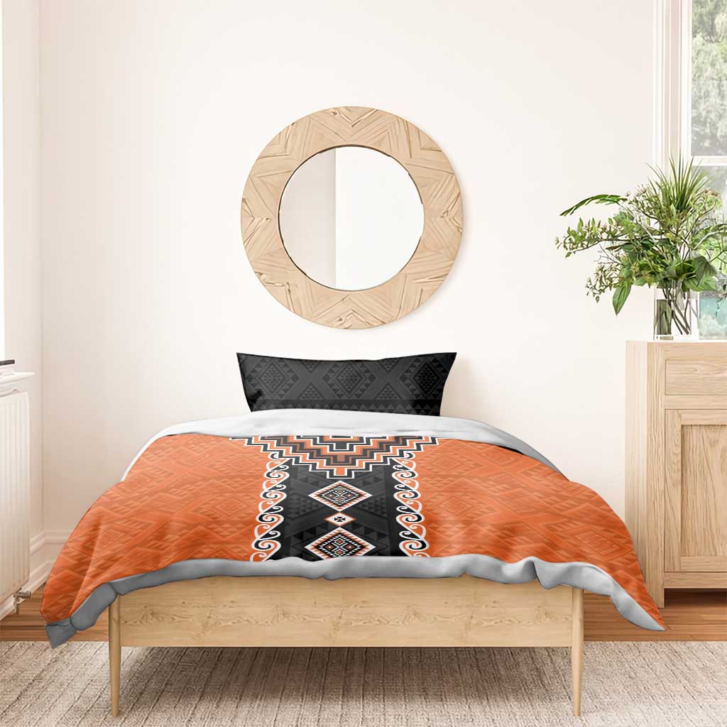 Orange Niho Taniwha Mix Poutama Bedding Set Unique Taniko Aotearoa