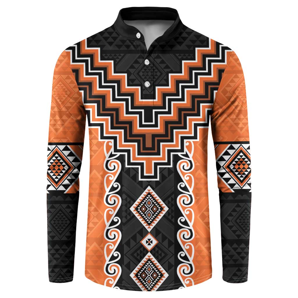 Orange Niho Taniwha Mix Poutama Button Sweatshirt Unique Taniko Aotearoa