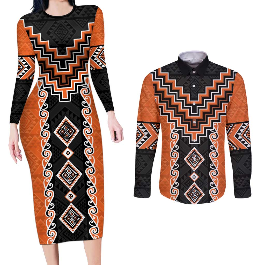 Orange Niho Taniwha Mix Poutama Couples Matching Long Sleeve Bodycon Dress and Long Sleeve Button Shirt Unique Taniko Aotearoa LT01 Orange - Polynesian Pride