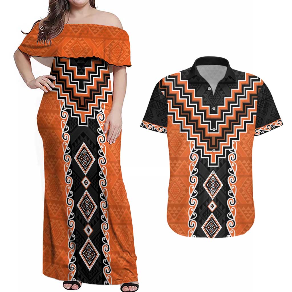 Orange Niho Taniwha Mix Poutama Couples Matching Off Shoulder Maxi Dress and Hawaiian Shirt Unique Taniko Aotearoa LT01 Orange - Polynesian Pride