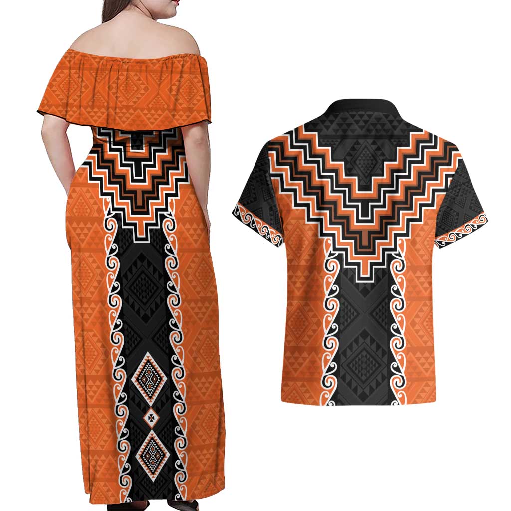 Orange Niho Taniwha Mix Poutama Couples Matching Off Shoulder Maxi Dress and Hawaiian Shirt Unique Taniko Aotearoa LT01 - Polynesian Pride