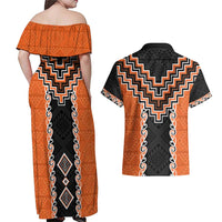 Orange Niho Taniwha Mix Poutama Couples Matching Off Shoulder Maxi Dress and Hawaiian Shirt Unique Taniko Aotearoa LT01 - Polynesian Pride