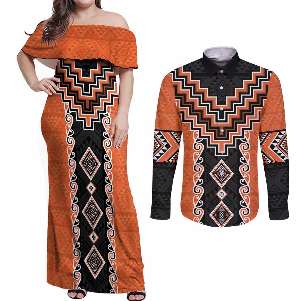 Orange Niho Taniwha Mix Poutama Couples Matching Off Shoulder Maxi Dress and Long Sleeve Button Shirt Unique Taniko Aotearoa LT01 Orange - Polynesian Pride