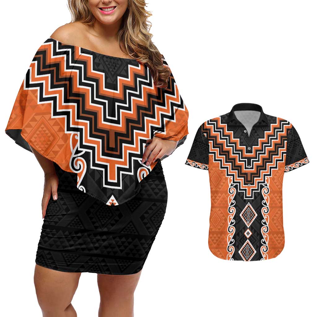 Orange Niho Taniwha Mix Poutama Couples Matching Off Shoulder Short Dress and Hawaiian Shirt Unique Taniko Aotearoa LT01 Orange - Polynesian Pride