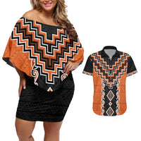 Orange Niho Taniwha Mix Poutama Couples Matching Off Shoulder Short Dress and Hawaiian Shirt Unique Taniko Aotearoa LT01 Orange - Polynesian Pride