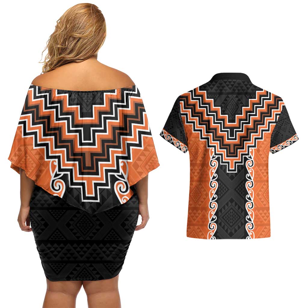 Orange Niho Taniwha Mix Poutama Couples Matching Off Shoulder Short Dress and Hawaiian Shirt Unique Taniko Aotearoa LT01 - Polynesian Pride