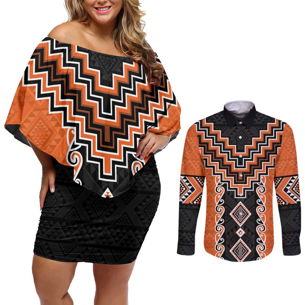 Orange Niho Taniwha Mix Poutama Couples Matching Off Shoulder Short Dress and Long Sleeve Button Shirt Unique Taniko Aotearoa LT01 Orange - Polynesian Pride