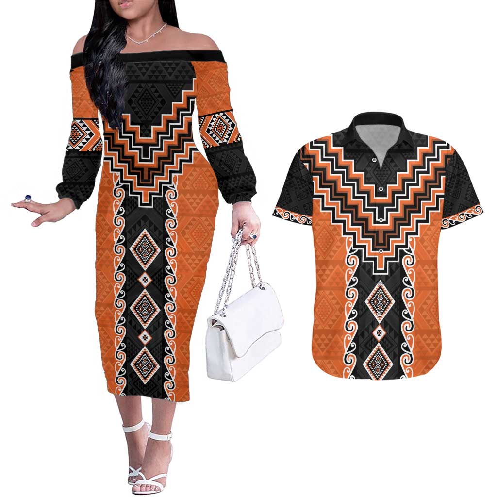 Orange Niho Taniwha Mix Poutama Couples Matching Off The Shoulder Long Sleeve Dress and Hawaiian Shirt Unique Taniko Aotearoa LT01 Orange - Polynesian Pride