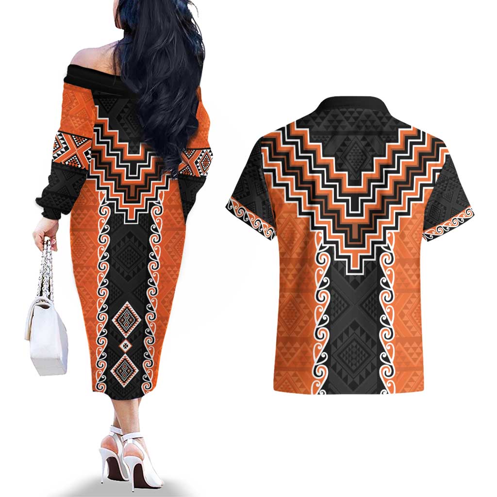Orange Niho Taniwha Mix Poutama Couples Matching Off The Shoulder Long Sleeve Dress and Hawaiian Shirt Unique Taniko Aotearoa LT01 - Polynesian Pride