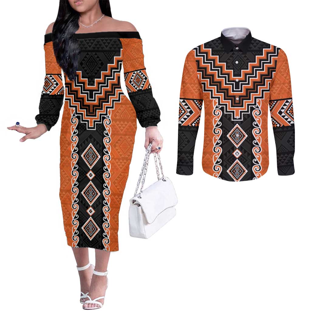 Orange Niho Taniwha Mix Poutama Couples Matching Off The Shoulder Long Sleeve Dress and Long Sleeve Button Shirt Unique Taniko Aotearoa LT01 Orange - Polynesian Pride