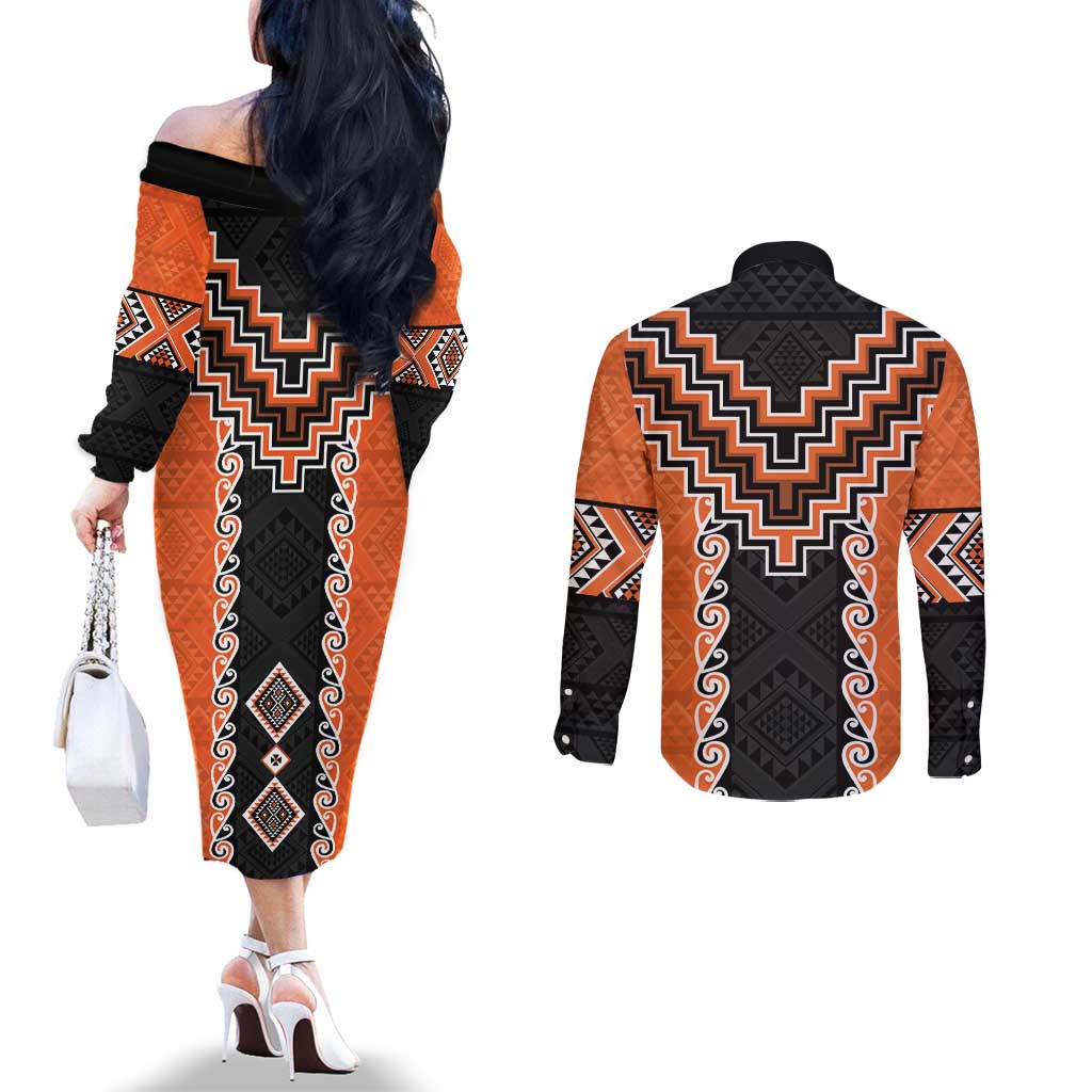 Orange Niho Taniwha Mix Poutama Couples Matching Off The Shoulder Long Sleeve Dress and Long Sleeve Button Shirt Unique Taniko Aotearoa LT01 - Polynesian Pride