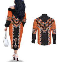 Orange Niho Taniwha Mix Poutama Couples Matching Off The Shoulder Long Sleeve Dress and Long Sleeve Button Shirt Unique Taniko Aotearoa LT01 - Polynesian Pride