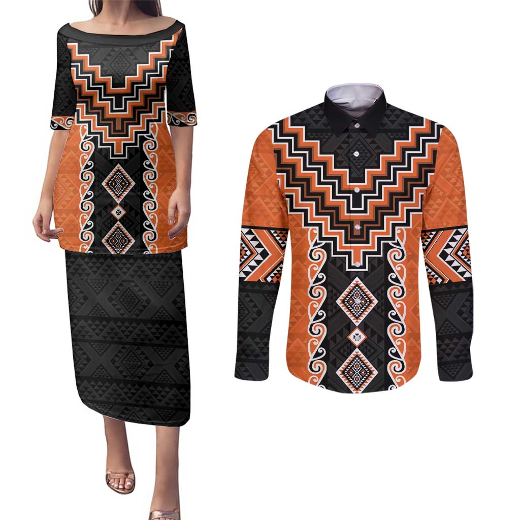 Orange Niho Taniwha Mix Poutama Couples Matching Puletasi and Long Sleeve Button Shirt Unique Taniko Aotearoa LT01 Orange - Polynesian Pride