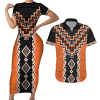 Orange Niho Taniwha Mix Poutama Couples Matching Short Sleeve Bodycon Dress and Hawaiian Shirt Unique Taniko Aotearoa LT01 Orange - Polynesian Pride