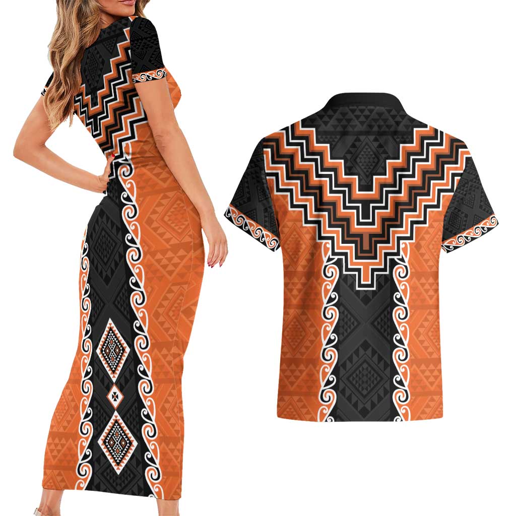 Orange Niho Taniwha Mix Poutama Couples Matching Short Sleeve Bodycon Dress and Hawaiian Shirt Unique Taniko Aotearoa LT01 - Polynesian Pride