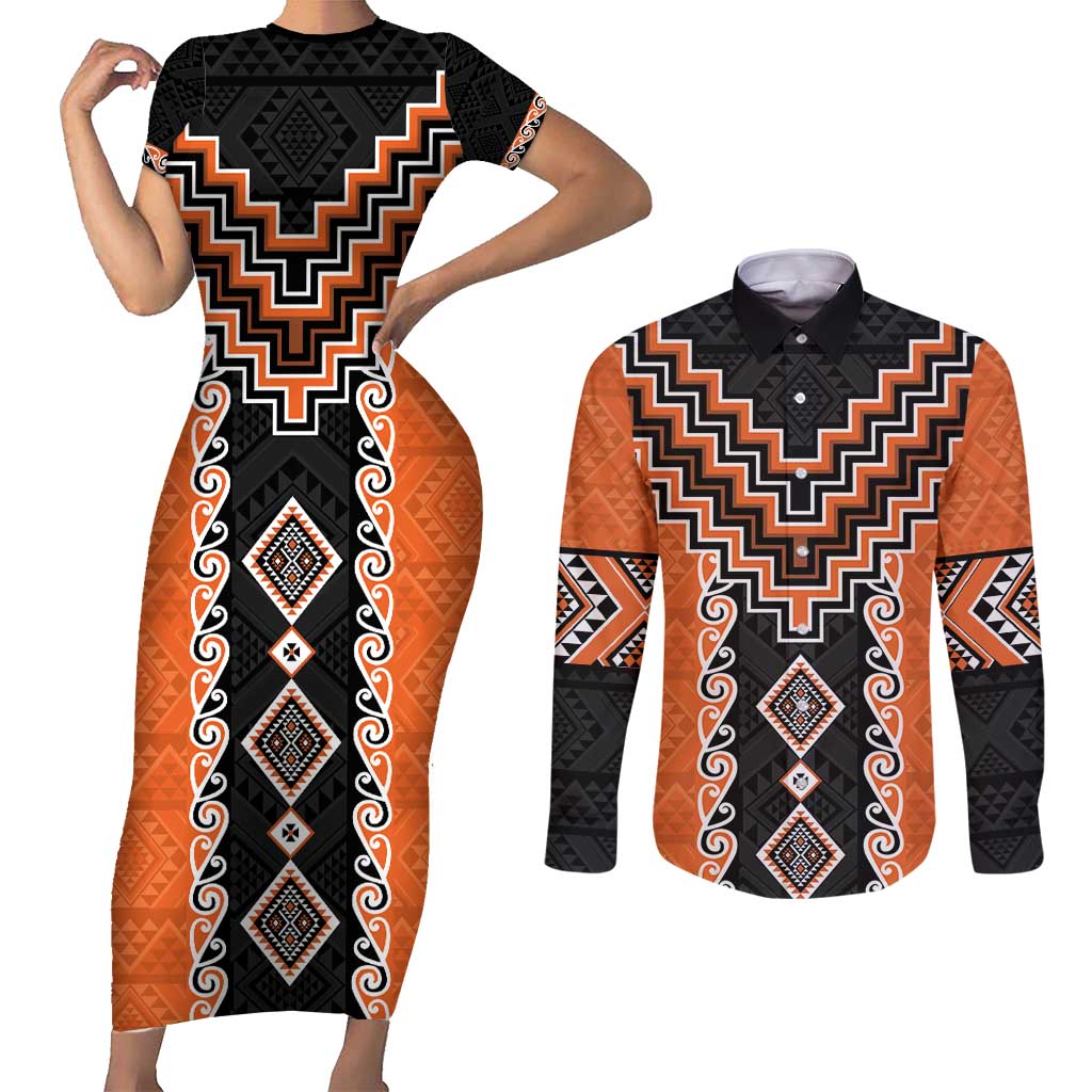 Orange Niho Taniwha Mix Poutama Couples Matching Short Sleeve Bodycon Dress and Long Sleeve Button Shirt Unique Taniko Aotearoa LT01 Orange - Polynesian Pride