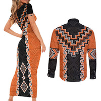 Orange Niho Taniwha Mix Poutama Couples Matching Short Sleeve Bodycon Dress and Long Sleeve Button Shirt Unique Taniko Aotearoa LT01 - Polynesian Pride