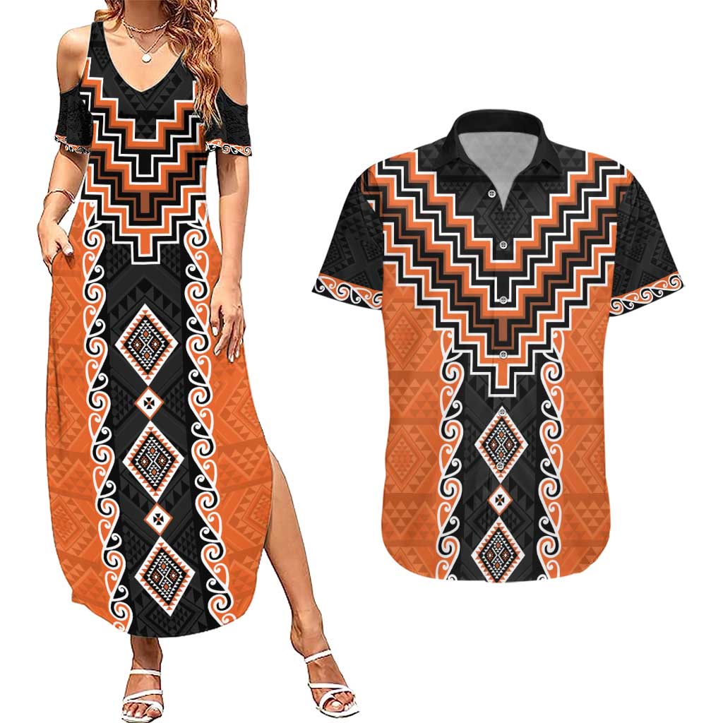Orange Niho Taniwha Mix Poutama Couples Matching Summer Maxi Dress and Hawaiian Shirt Unique Taniko Aotearoa LT01 Orange - Polynesian Pride