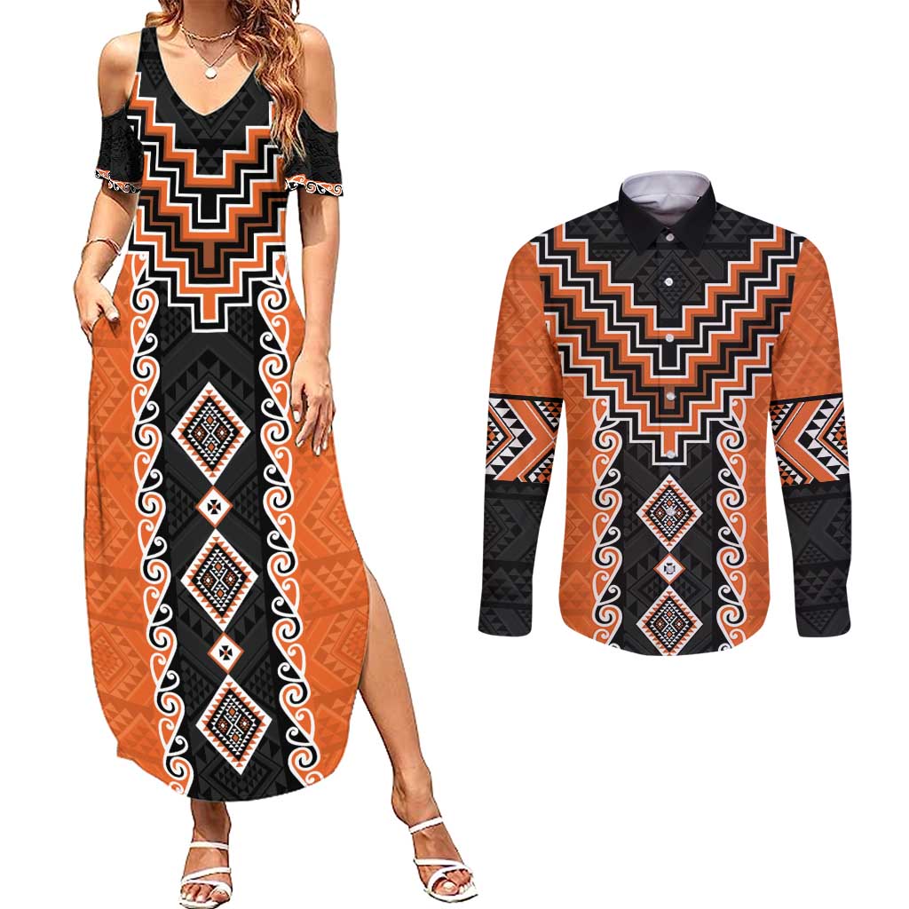 Orange Niho Taniwha Mix Poutama Couples Matching Summer Maxi Dress and Long Sleeve Button Shirt Unique Taniko Aotearoa LT01 Orange - Polynesian Pride