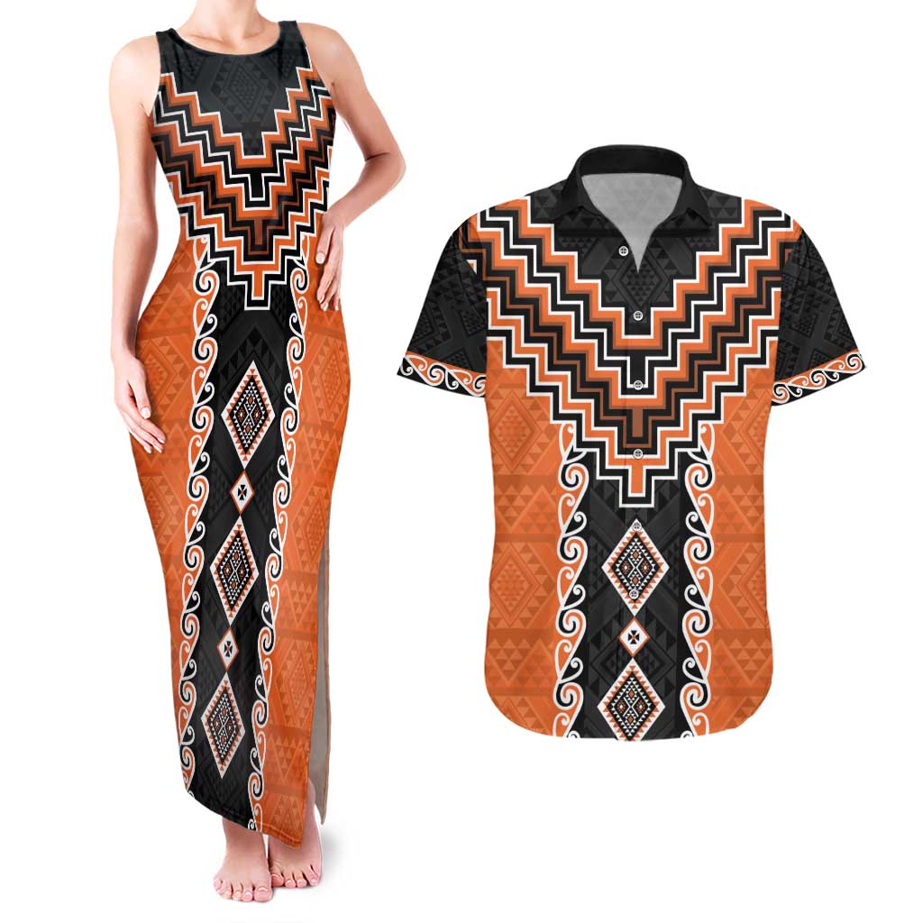Orange Niho Taniwha Mix Poutama Couples Matching Tank Maxi Dress and Hawaiian Shirt Unique Taniko Aotearoa LT01 Orange - Polynesian Pride