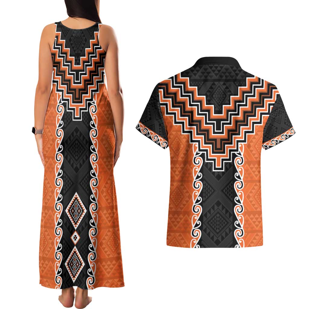 Orange Niho Taniwha Mix Poutama Couples Matching Tank Maxi Dress and Hawaiian Shirt Unique Taniko Aotearoa LT01 - Polynesian Pride