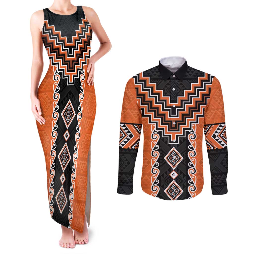 Orange Niho Taniwha Mix Poutama Couples Matching Tank Maxi Dress and Long Sleeve Button Shirt Unique Taniko Aotearoa LT01 Orange - Polynesian Pride