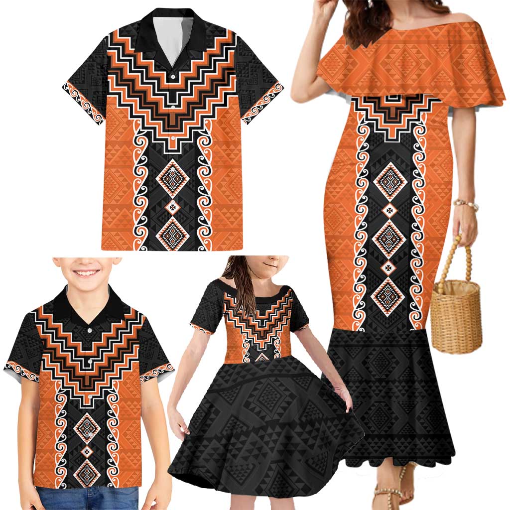 Orange Niho Taniwha Mix Poutama Family Matching Mermaid Dress and Hawaiian Shirt Unique Taniko Aotearoa LT01 - Polynesian Pride