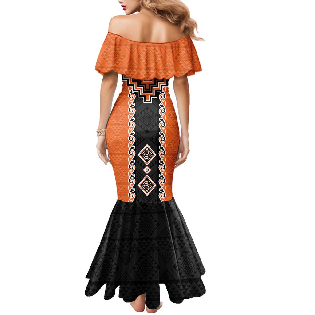 Orange Niho Taniwha Mix Poutama Family Matching Mermaid Dress and Hawaiian Shirt Unique Taniko Aotearoa LT01 - Polynesian Pride