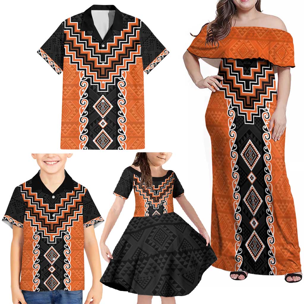 Orange Niho Taniwha Mix Poutama Family Matching Off Shoulder Maxi Dress and Hawaiian Shirt Unique Taniko Aotearoa LT01 - Polynesian Pride
