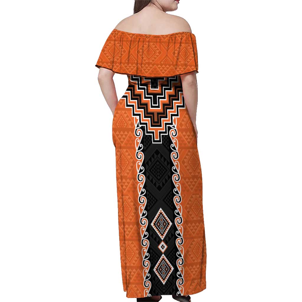 Orange Niho Taniwha Mix Poutama Family Matching Off Shoulder Maxi Dress and Hawaiian Shirt Unique Taniko Aotearoa LT01 - Polynesian Pride
