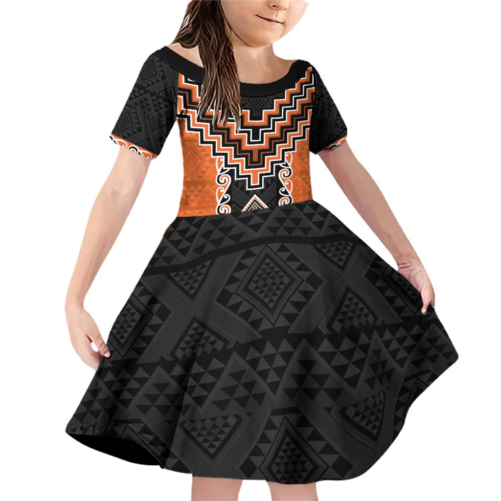 Orange Niho Taniwha Mix Poutama Family Matching Off Shoulder Short Dress and Hawaiian Shirt Unique Taniko Aotearoa LT01 Daughter's Dress Orange - Polynesian Pride